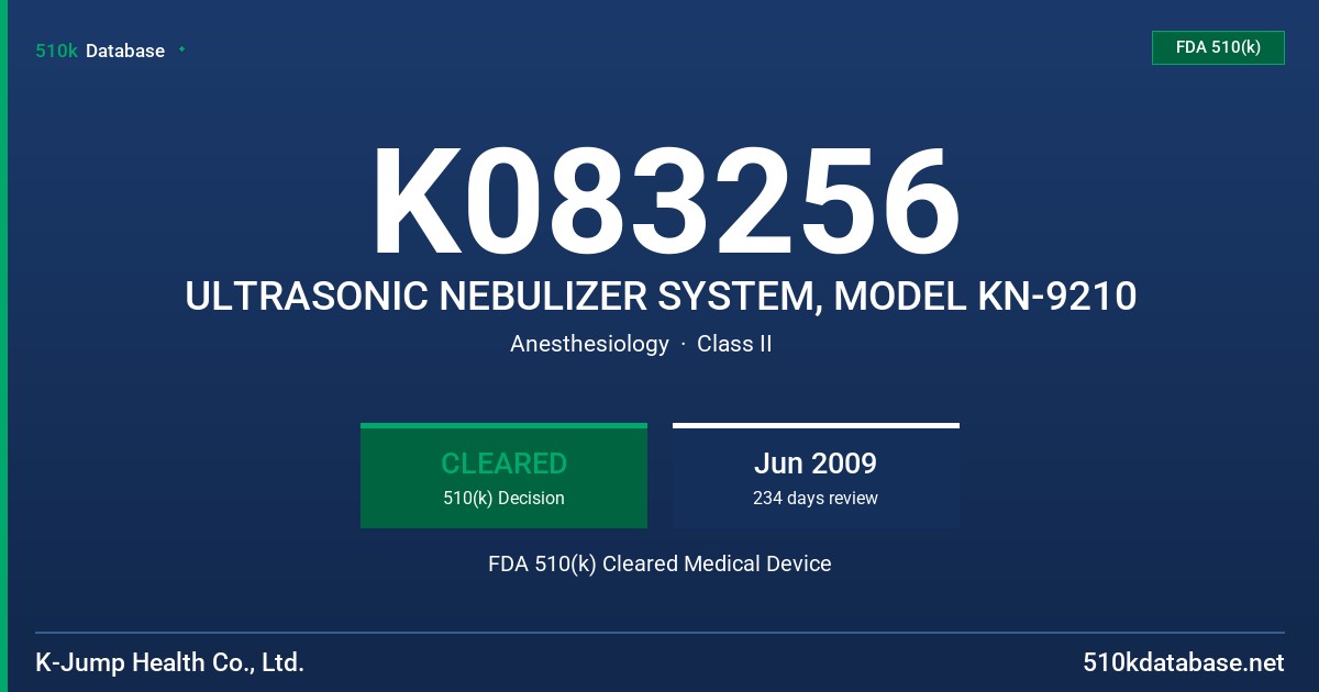 K083256 ULTRASONIC NEBULIZER SYSTEM, MODEL KN-9210 FDA 510(k) Cleared Medical Device