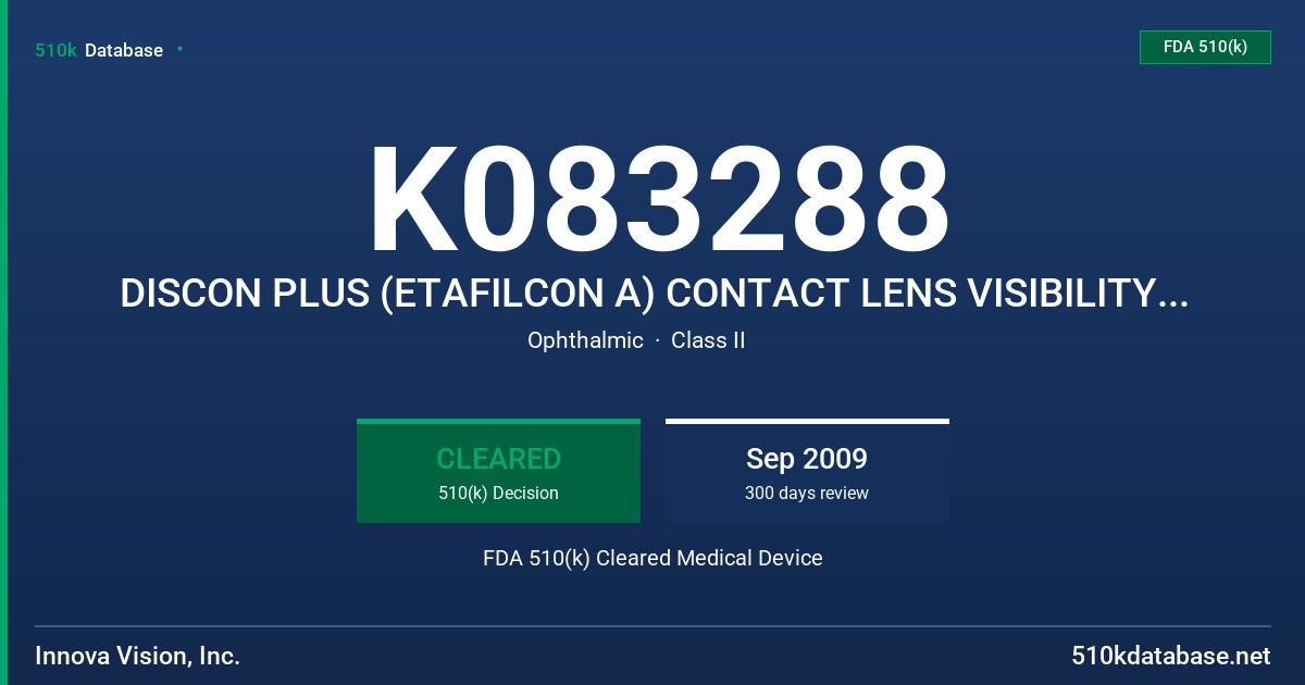 K083288 DISCON PLUS (ETAFILCON A) CONTACT LENS VISIBILITY TINT WITH UV BLOCKER FDA 510(k) Cleared Medical Device