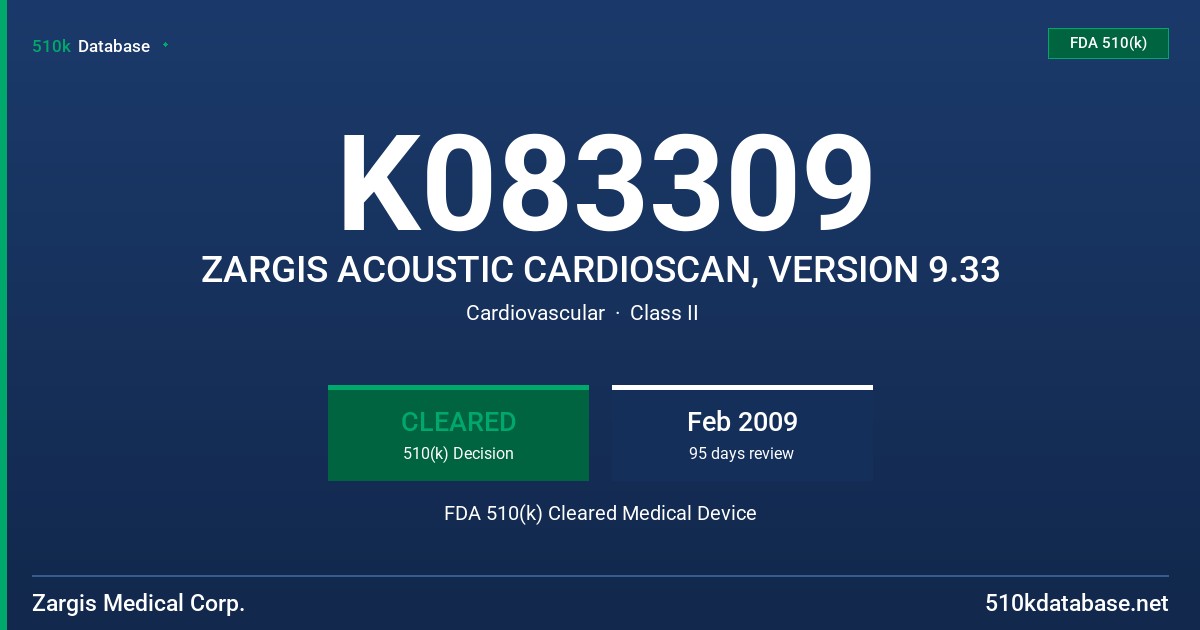 K083309 ZARGIS ACOUSTIC CARDIOSCAN, VERSION 9.33 FDA 510(k) Cleared Medical Device