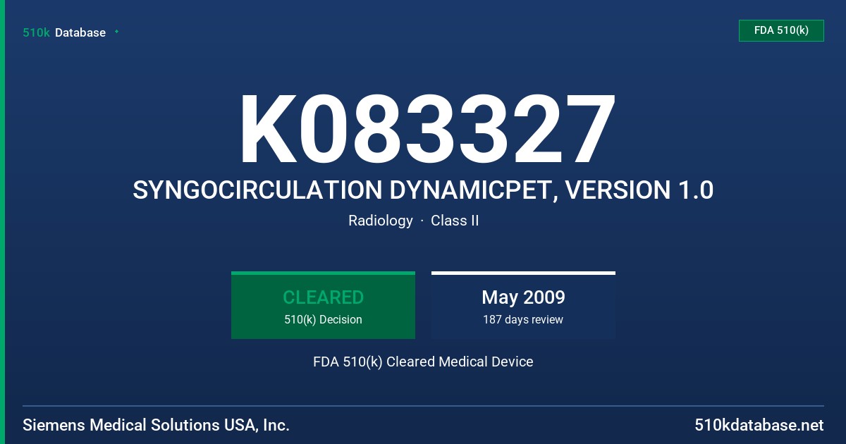 K083327 SYNGOCIRCULATION DYNAMICPET, VERSION 1.0 FDA 510(k) Cleared Medical Device