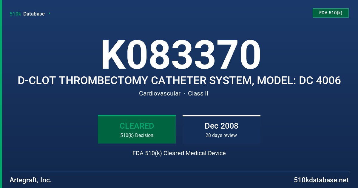 K083370 D-CLOT THROMBECTOMY CATHETER SYSTEM, MODEL: DC 4006 FDA 510(k) Cleared Medical Device