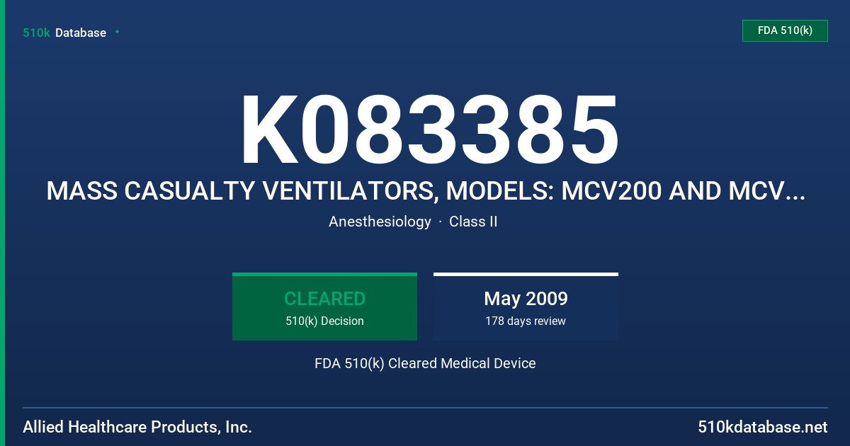K083385 MASS CASUALTY VENTILATORS, MODELS: MCV200 AND MCV200-B FDA 510(k) Cleared Medical Device