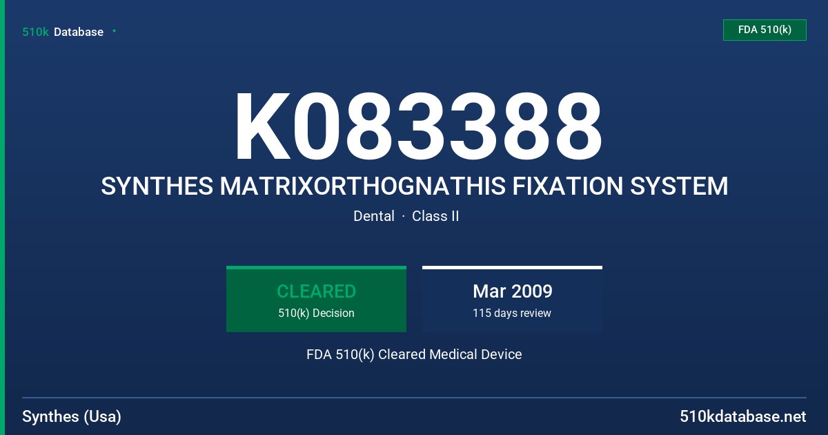 K083388 SYNTHES MATRIXORTHOGNATHIS FIXATION SYSTEM FDA 510(k) Cleared Medical Device