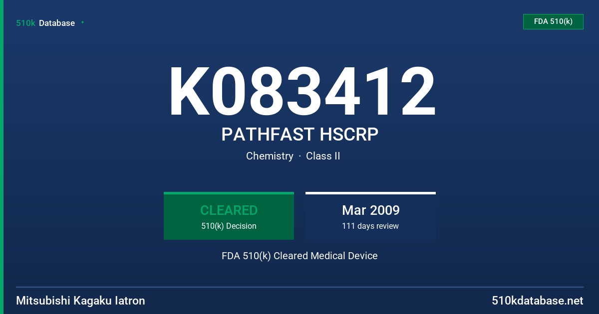 K083412 PATHFAST HSCRP FDA 510(k) Cleared Medical Device