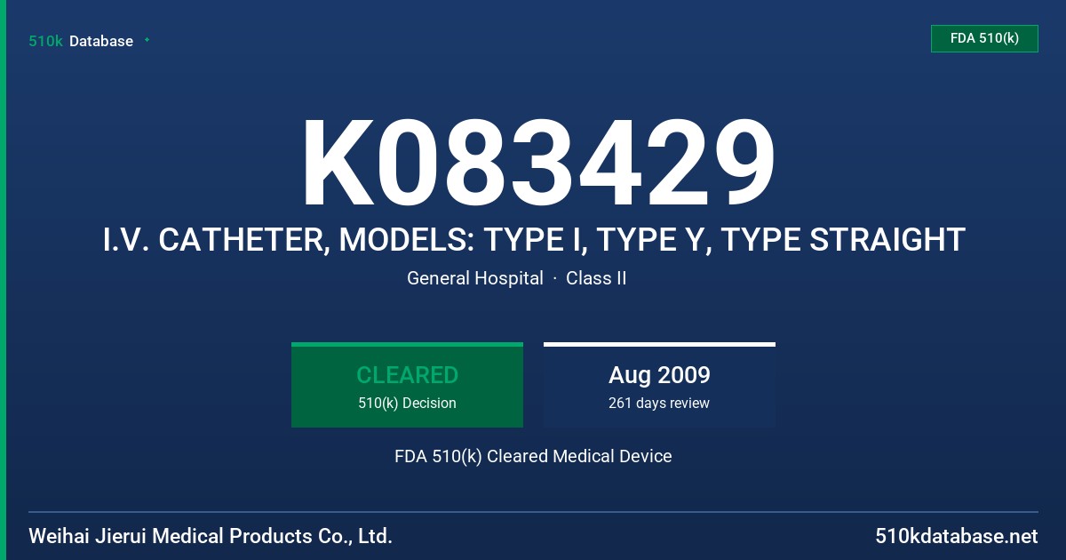 K083429 I.V. CATHETER, MODELS: TYPE I, TYPE Y, TYPE STRAIGHT FDA 510(k) Cleared Medical Device