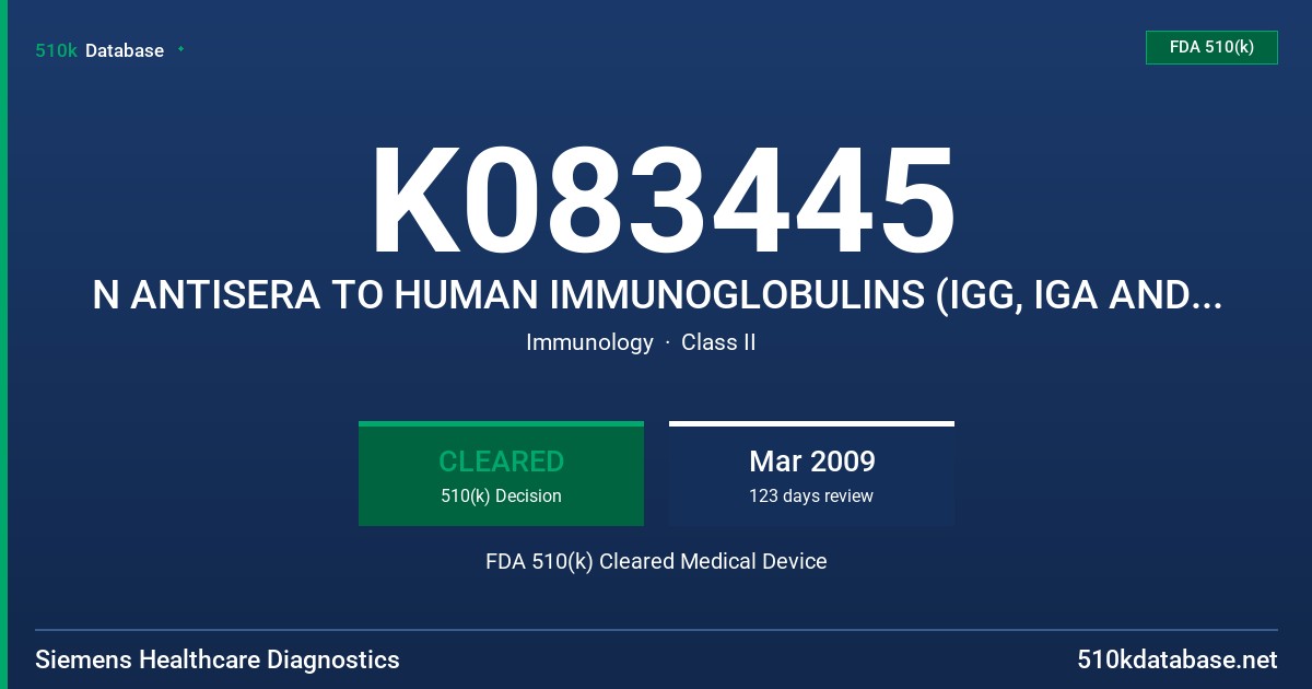 K083445 N ANTISERA TO HUMAN IMMUNOGLOBULINS (IGG, IGA AND IGM) AND N/T PROTEIN CONTROL LC FDA 510(k) Cleared Medical Device