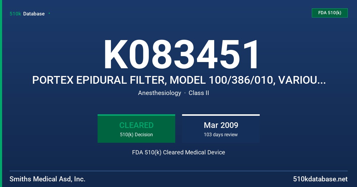 K083451 PORTEX EPIDURAL FILTER, MODEL 100/386/010, VARIOUS STANDARD AND CUSTOM TRAYS FDA 510(k) Cleared Medical Device