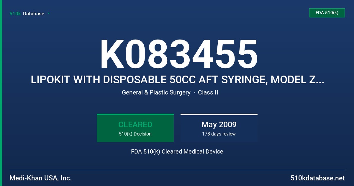 K083455 LIPOKIT WITH DISPOSABLE 50CC AFT SYRINGE, MODEL ZLK-100 FDA 510(k) Cleared Medical Device