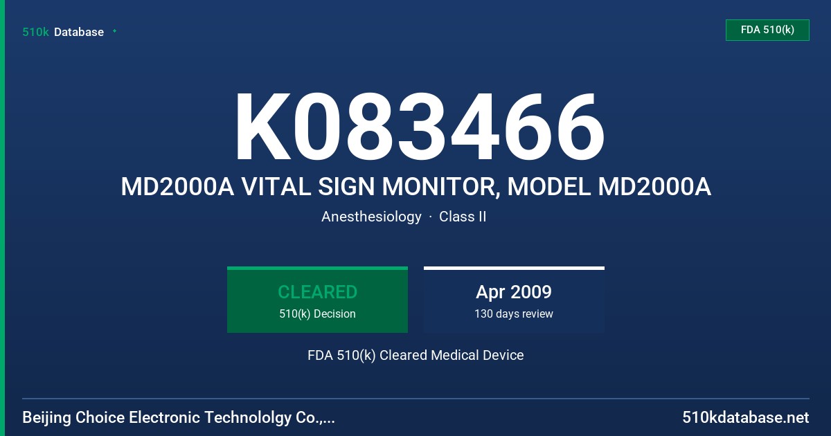 K083466 MD2000A VITAL SIGN MONITOR, MODEL MD2000A FDA 510(k) Cleared Medical Device