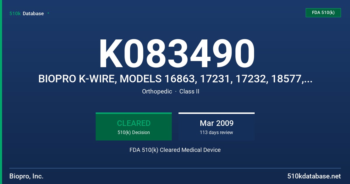 K083490 BIOPRO K-WIRE, MODELS 16863, 17231, 17232, 18577, 18682-18685 FDA 510(k) Cleared Medical Device