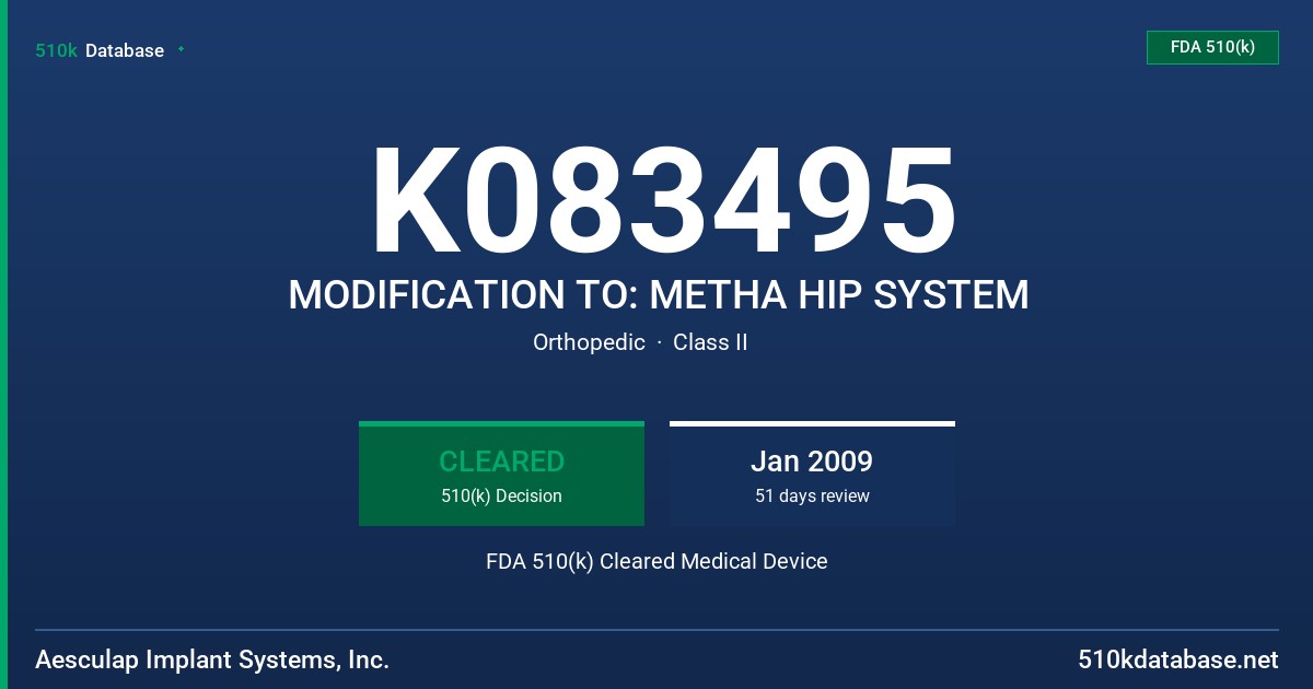 K083495 MODIFICATION TO: METHA HIP SYSTEM FDA 510(k) Cleared Medical Device