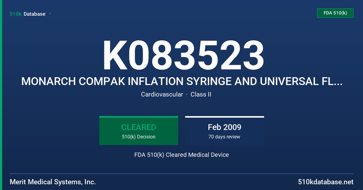 K083523 MONARCH COMPAK INFLATION SYRINGE AND UNIVERSAL FLUID DISPENSING SYRINGE FDA 510(k) Cleared Medical Device