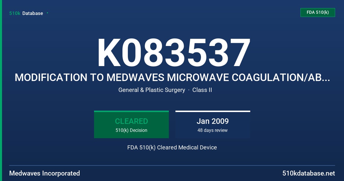 K083537 MODIFICATION TO MEDWAVES MICROWAVE COAGULATION/ABLATION SYSTEM FDA 510(k) Cleared Medical Device