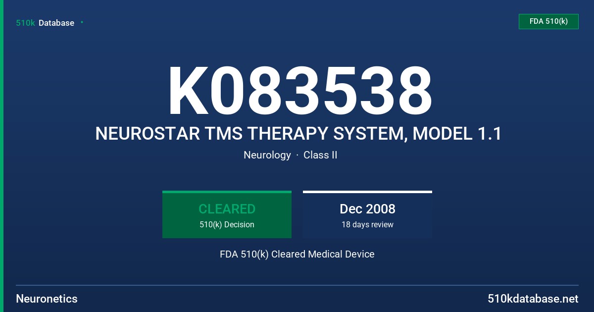 K083538 NEUROSTAR TMS THERAPY SYSTEM, MODEL 1.1 FDA 510(k) Cleared Medical Device