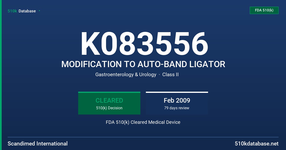 K083556 MODIFICATION TO AUTO-BAND LIGATOR FDA 510(k) Cleared Medical Device