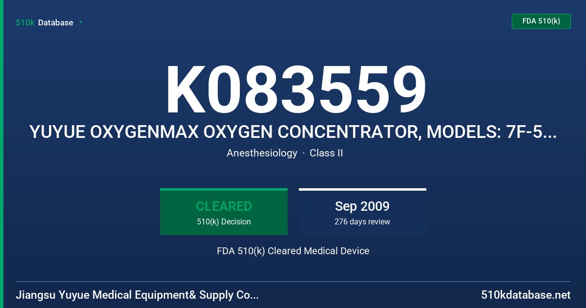 K083559 YUYUE OXYGENMAX OXYGEN CONCENTRATOR, MODELS: 7F-5A/7F-5B FDA 510(k) Cleared Medical Device
