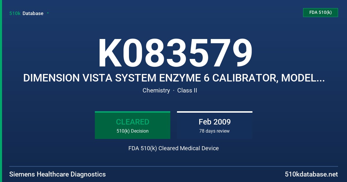 K083579 DIMENSION VISTA SYSTEM ENZYME 6 CALIBRATOR, MODEL KC360 FDA 510(k) Cleared Medical Device