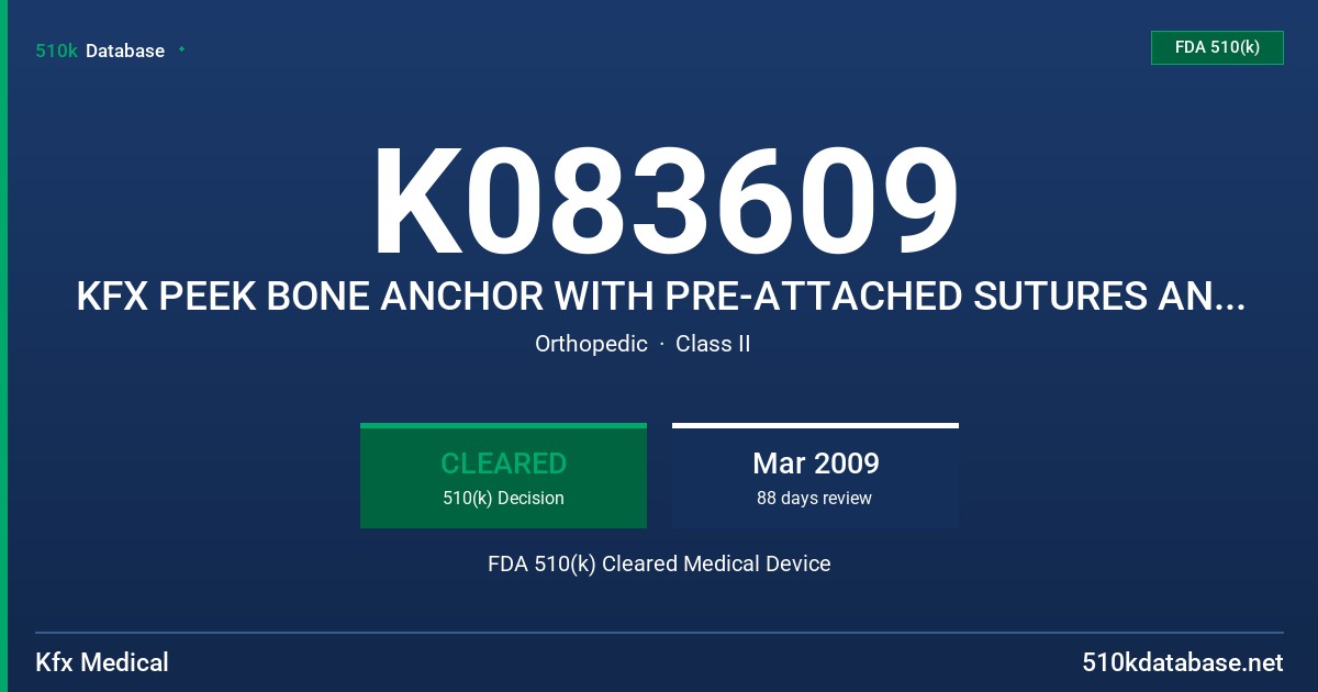 K083609 KFX PEEK BONE ANCHOR WITH PRE-ATTACHED SUTURES AND INSERTER HANDLE FDA 510(k) Cleared Medical Device