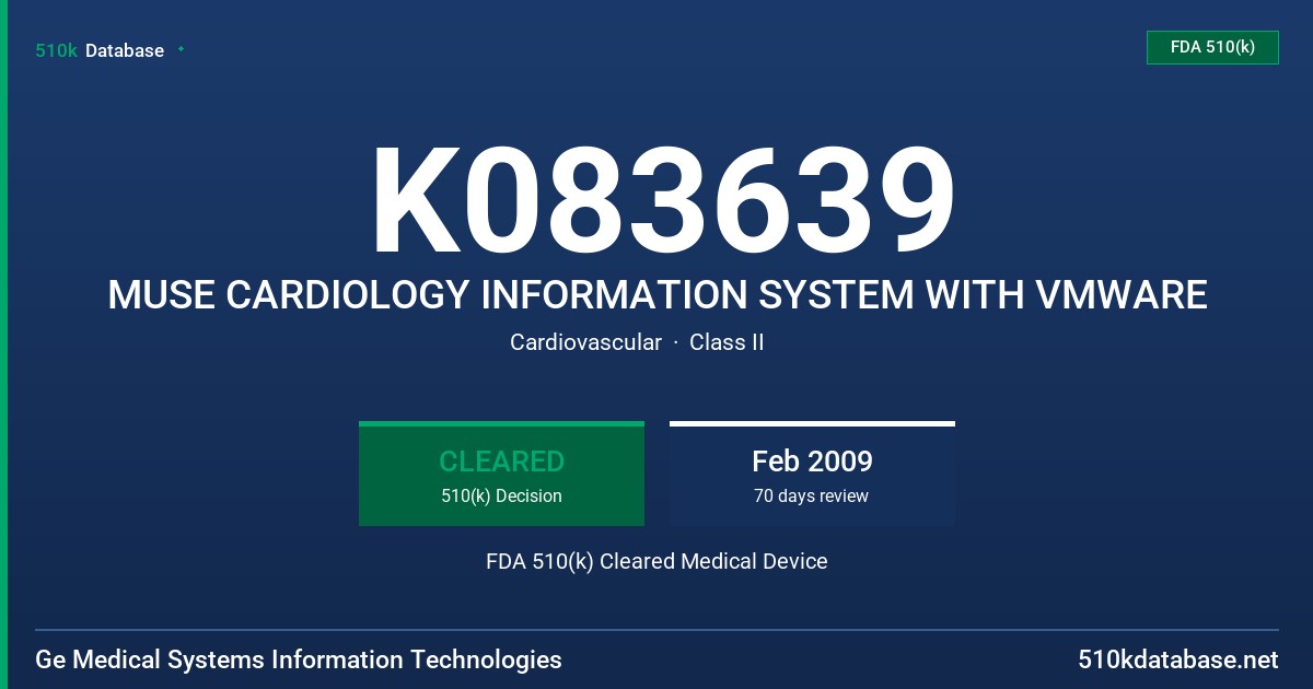 K083639 MUSE CARDIOLOGY INFORMATION SYSTEM WITH VMWARE FDA 510(k) Cleared Medical Device