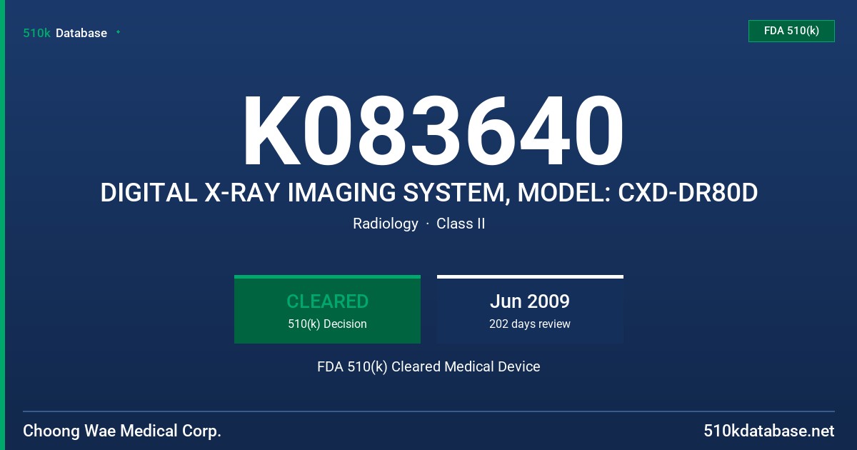 K083640 DIGITAL X-RAY IMAGING SYSTEM, MODEL: CXD-DR80D FDA 510(k) Cleared Medical Device