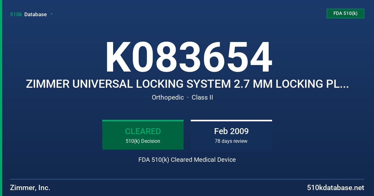 K083654 ZIMMER UNIVERSAL LOCKING SYSTEM 2.7 MM LOCKING PLATES AND SCREWS ( TIVANIUM TI-6A1-4V ALLOY, CP GRADE TITANIUM) FDA 510(k) Cleared Medical Device
