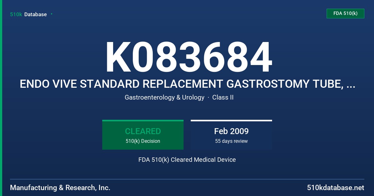 K083684 ENDO VIVE STANDARD REPLACEMENT GASTROSTOMY TUBE, MODEL 82XX FDA 510(k) Cleared Medical Device