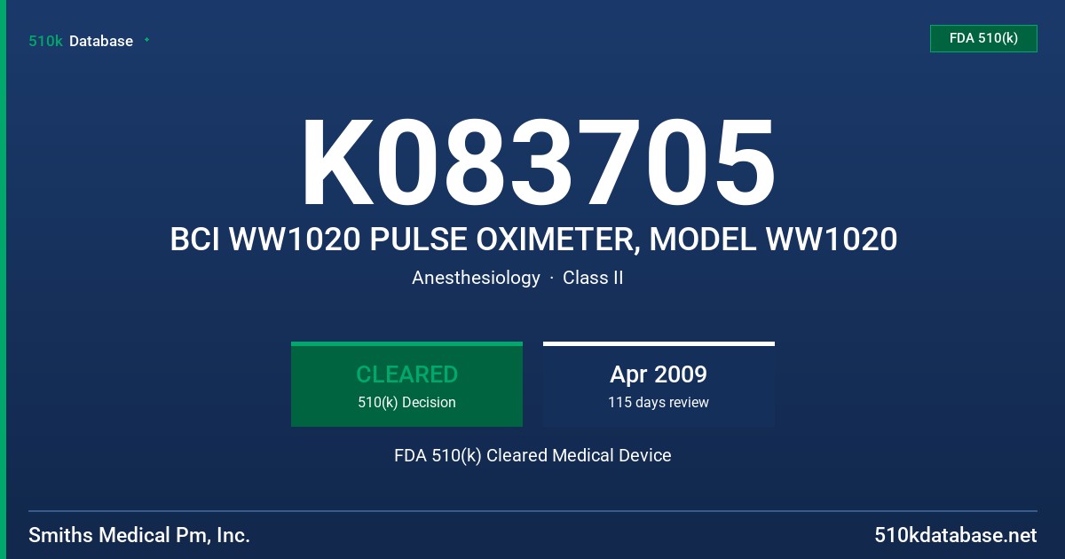 K083705 BCI WW1020 PULSE OXIMETER, MODEL WW1020 FDA 510(k) Cleared Medical Device