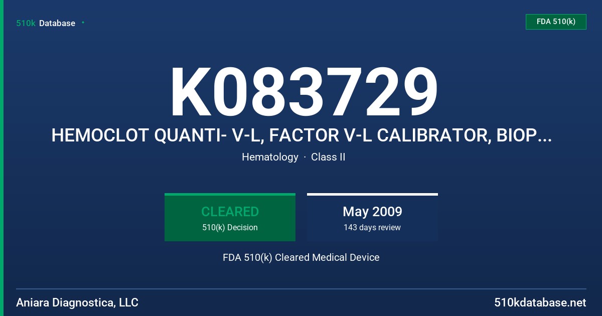 K083729 HEMOCLOT QUANTI- V-L, FACTOR V-L CALIBRATOR, BIOPHEN V-L CAL (UNDILUTED), BIOPHEN ACT. PC-R CONTROL PLASMA AND BIOPHEN FDA 510(k) Cleared Medical Device