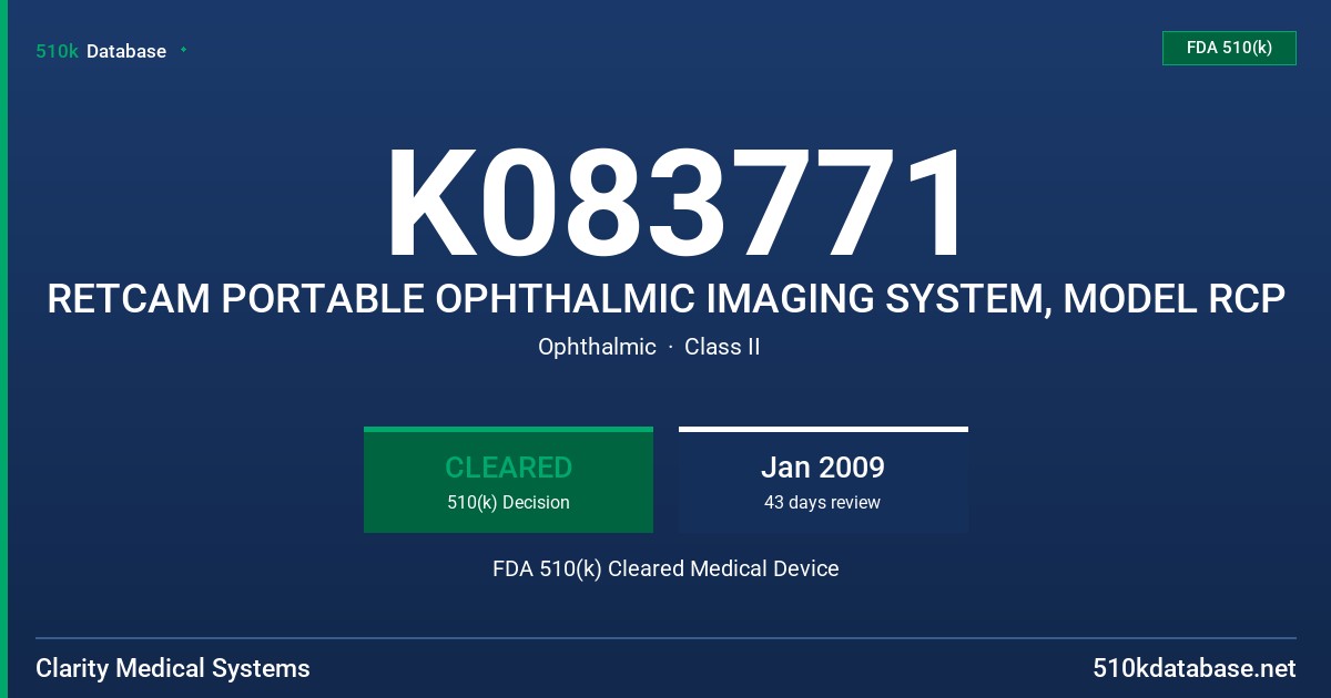 K083771 RETCAM PORTABLE OPHTHALMIC IMAGING SYSTEM, MODEL RCP FDA 510(k) Cleared Medical Device