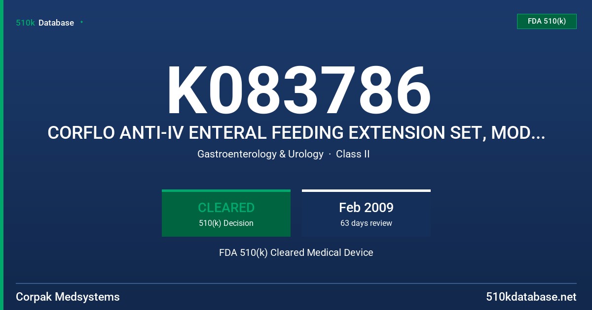 K083786 CORFLO ANTI-IV ENTERAL FEEDING EXTENSION SET, MODELS 20-1006AIV-LB AND 20-1030AIV-LB FDA 510(k) Cleared Medical Device