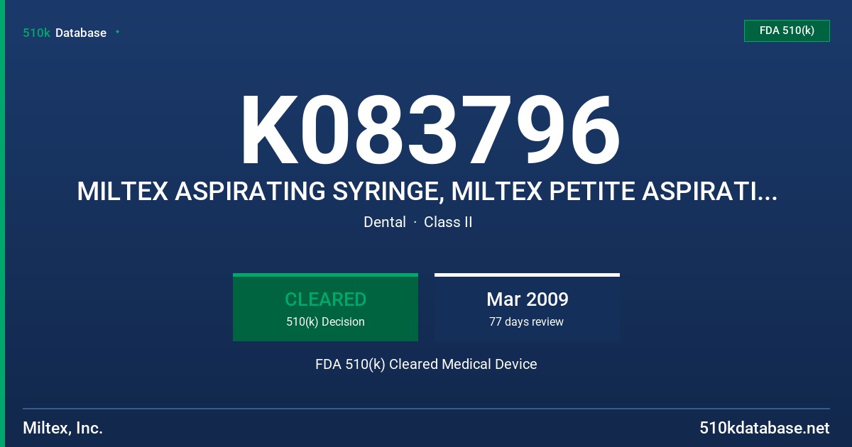 K083796 MILTEX ASPIRATING SYRINGE, MILTEX PETITE ASPIRATING SYRINGE, MILTEX SELF-ASPIRATING SYRINGE, MILTEX LIGHTWEIGHT FDA 510(k) Cleared Medical Device
