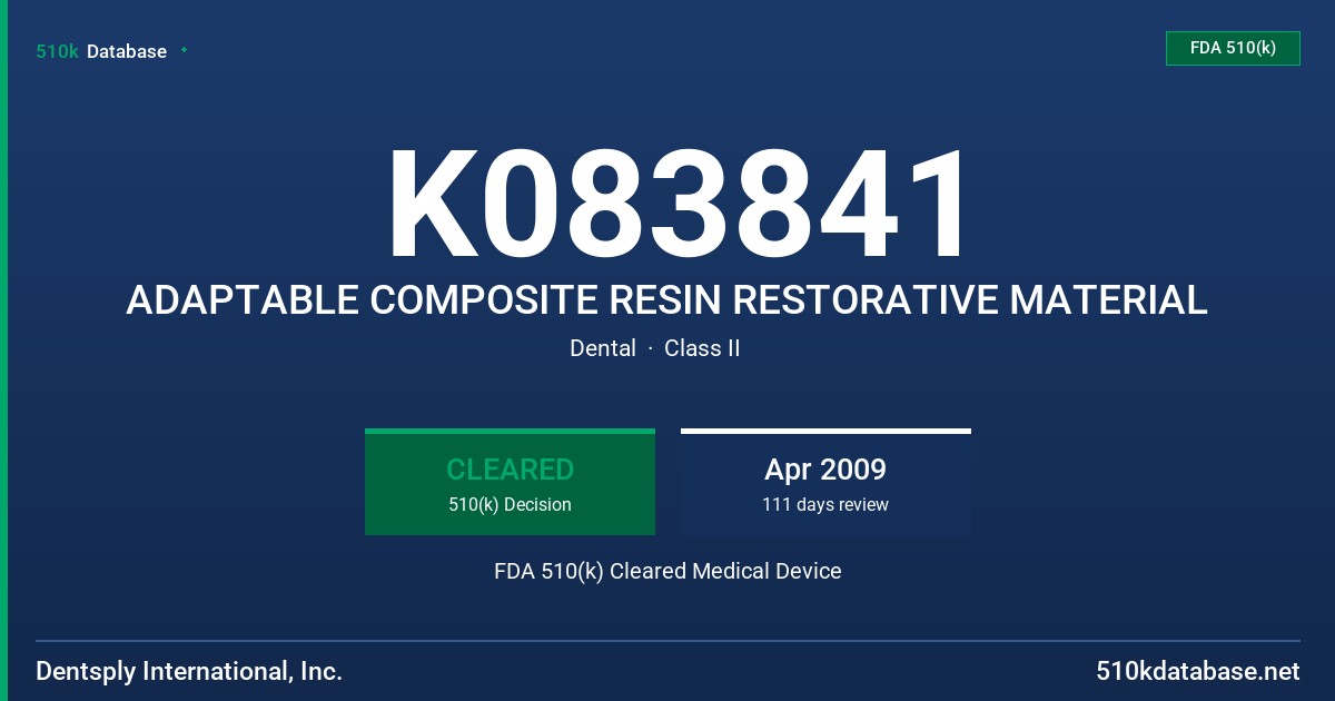 K083841 ADAPTABLE COMPOSITE RESIN RESTORATIVE MATERIAL FDA 510(k) Cleared Medical Device