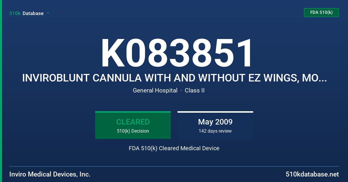 K083851 INVIROBLUNT CANNULA WITH AND WITHOUT EZ WINGS, MODELS 120522 AND 120022 FDA 510(k) Cleared Medical Device