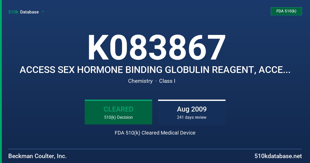 K083867 ACCESS SEX HORMONE BINDING GLOBULIN REAGENT, ACCESS SEX HORMONE BINDING GLOBULIN CALIBRATORS AND ACCESS SEX HORMONE BIND FDA 510(k) Cleared Medical Device