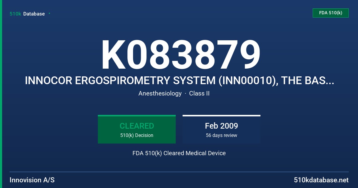 K083879 INNOCOR ERGOSPIROMETRY SYSTEM (INN00010), THE BASIC INNOCOR INCLUDING BREATH-BY-BREATH SYSTEM (INN00400), NIBP(INN00500) FDA 510(k) Cleared Medical Device