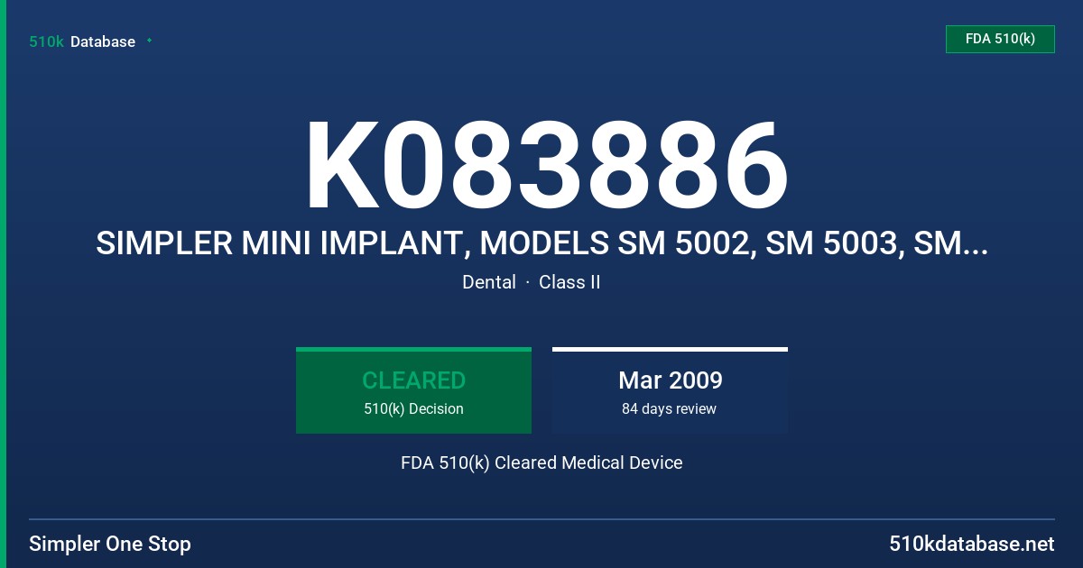 K083886 SIMPLER MINI IMPLANT, MODELS SM 5002, SM 5003, SM 5004 FDA 510(k) Cleared Medical Device
