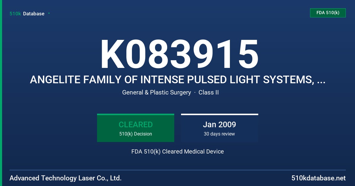 K083915 ANGELITE FAMILY OF INTENSE PULSED LIGHT SYSTEMS, MODELS ANGELITE-DDC AND ANGELITE-SDC FDA 510(k) Cleared Medical Device