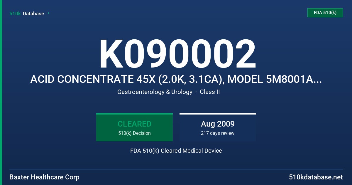 K090002 ACID CONCENTRATE 45X (2.0K, 3.1CA), MODEL 5M8001A, ACID CONCENTRATE 45X (2.0K, 2.5CA), MODEL 5M8002A FDA 510(k) Cleared Medical Device