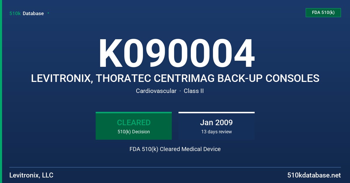 K090004 LEVITRONIX, THORATEC CENTRIMAG BACK-UP CONSOLES FDA 510(k) Cleared Medical Device