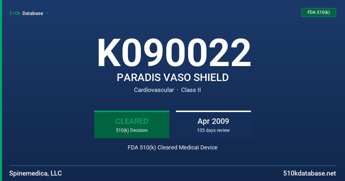 K090022 PARADIS VASO SHIELD FDA 510(k) Cleared Medical Device