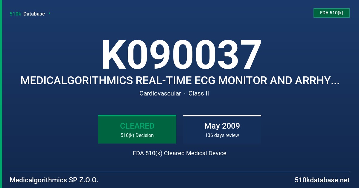 K090037 MEDICALGORITHMICS REAL-TIME ECG MONITOR AND ARRHYTHMIA DETECTOR, MODEL POCKETECG FDA 510(k) Cleared Medical Device