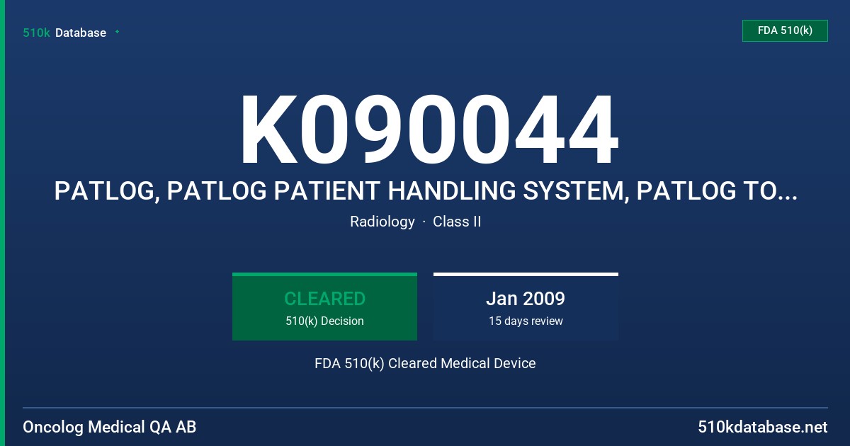 K090044 PATLOG, PATLOG PATIENT HANDLING SYSTEM, PATLOG TOPLOG TABLE TOP, MODEL(S) 1.0, 1.0, C FDA 510(k) Cleared Medical Device
