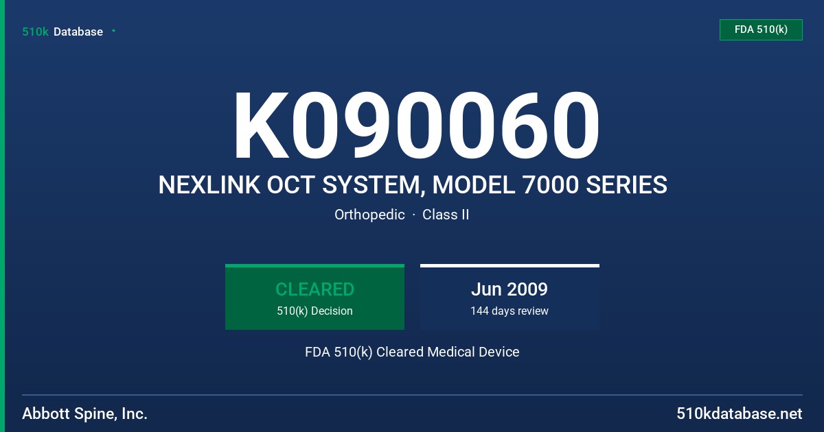 K090060 NEXLINK OCT SYSTEM, MODEL 7000 SERIES FDA 510(k) Cleared Medical Device