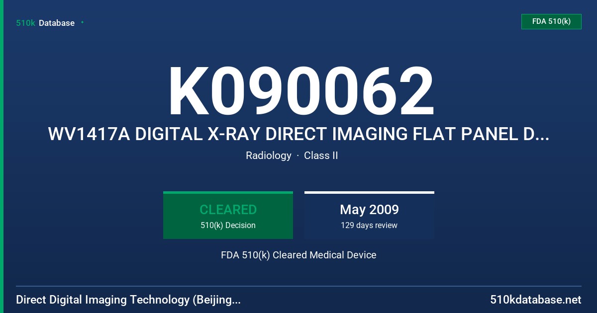 K090062 WV1417A DIGITAL X-RAY DIRECT IMAGING FLAT PANEL DETECTOR SYSTEM FDA 510(k) Cleared Medical Device