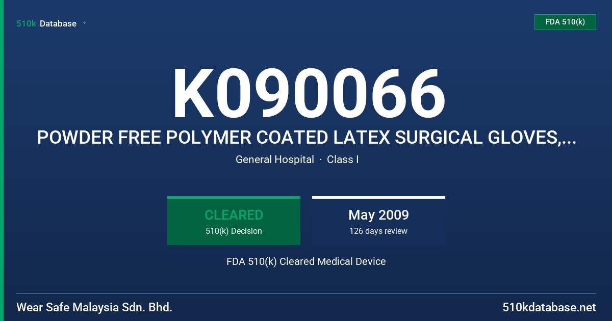 K090066 POWDER FREE POLYMER COATED LATEX SURGICAL GLOVES, STERILE, WITH PROTEIN LABELING CLAIM OF 50 MICROGRAMS PER DM2 OF GLOVE FDA 510(k) Cleared Medical Device