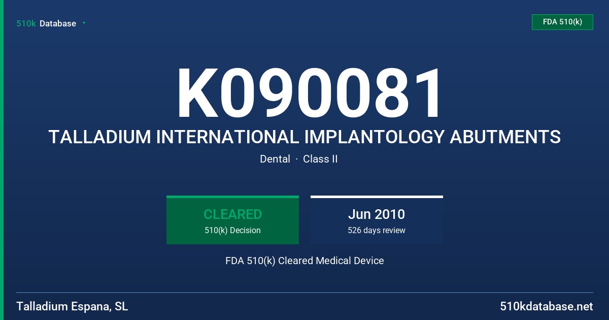 K090081 TALLADIUM INTERNATIONAL IMPLANTOLOGY ABUTMENTS FDA 510(k) Cleared Medical Device