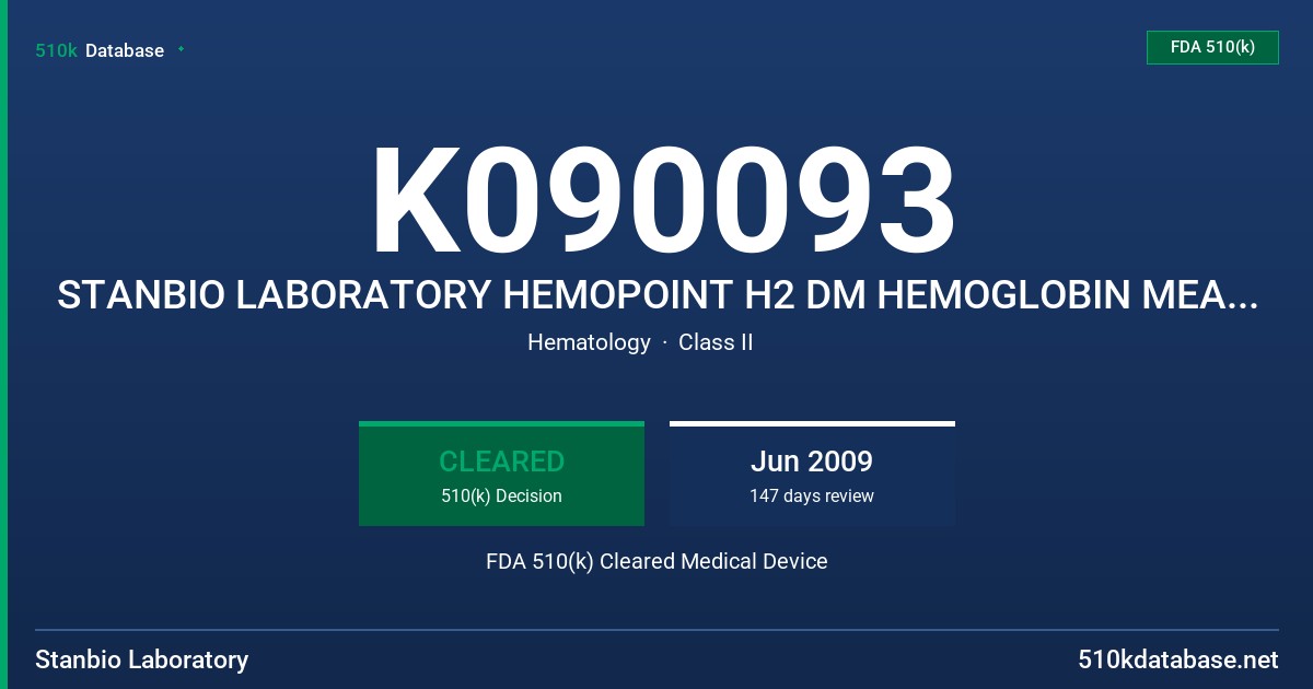 K090093 STANBIO LABORATORY HEMOPOINT H2 DM HEMOGLOBIN MEASUREMENT SYSTEM FDA 510(k) Cleared Medical Device