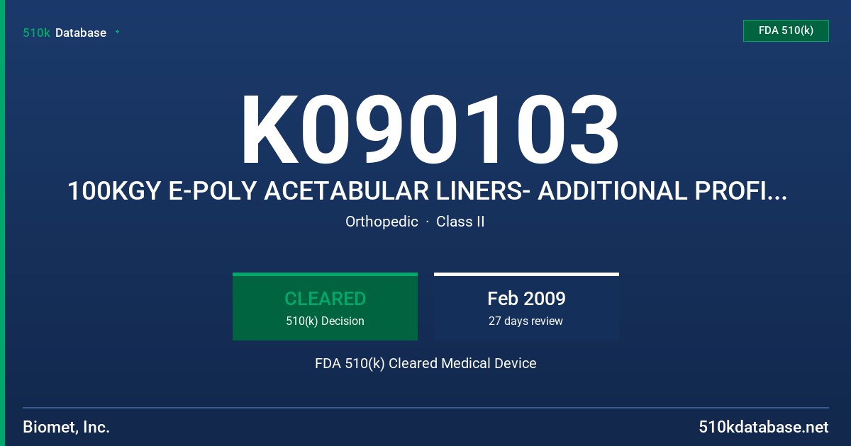 K090103 100KGY E-POLY ACETABULAR LINERS- ADDITIONAL PROFILES: +3 MAXROM AND +3 HI-WALL FDA 510(k) Cleared Medical Device