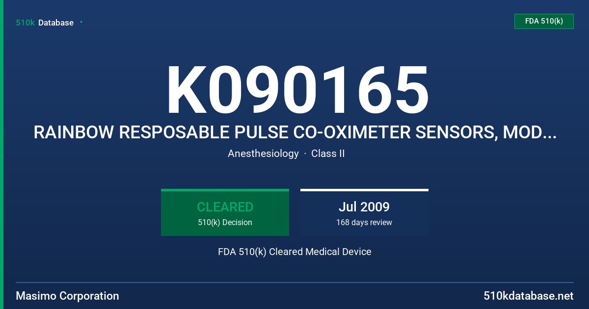 K090165 RAINBOW RESPOSABLE PULSE CO-OXIMETER SENSORS, MODELS R2C-25, R2-25, R2C-20 AND R2-20 FDA 510(k) Cleared Medical Device