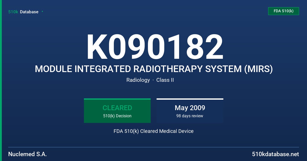K090182 MODULE INTEGRATED RADIOTHERAPY SYSTEM (MIRS) FDA 510(k) Cleared Medical Device